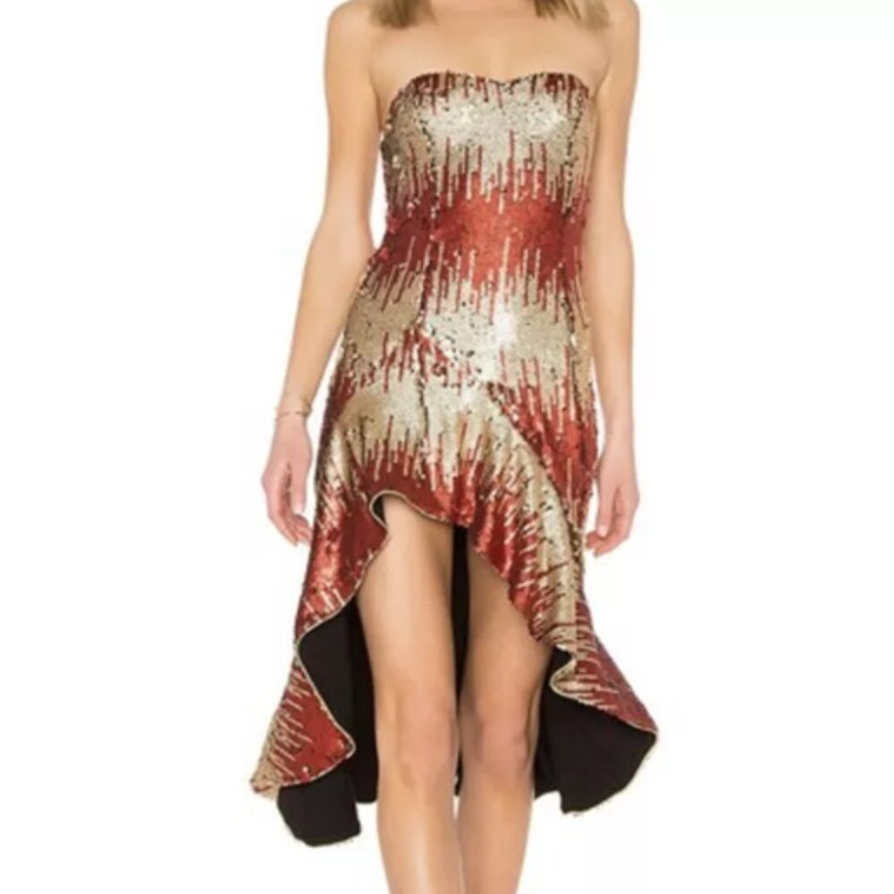 NBD Revolve Fire and Desire Metallic Red Gold Sequin Evening Dress NEW XSMALL